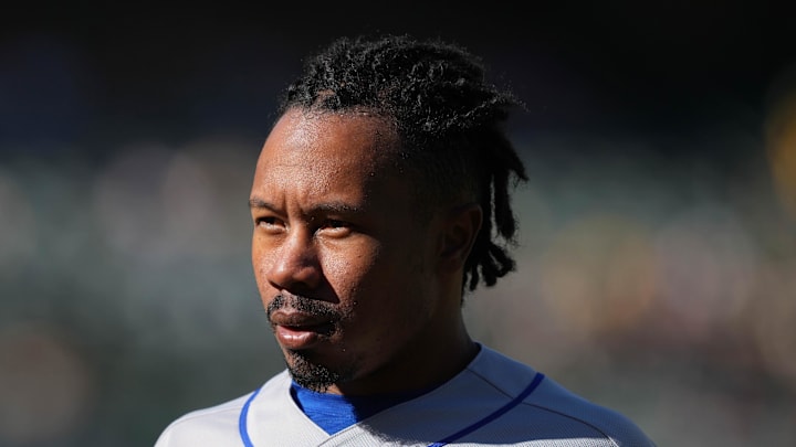 Sep 25, 2022; Oakland, California, USA; New York Mets designated hitter Terrance Gore (4) during the ninth inning against the Oakland Athletics at RingCentral Coliseum. Mandatory Credit: Darren Yamashita-Imagn Images
