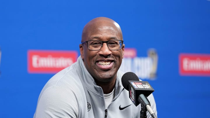 Dec 16, 2025; Las Vegas, Nevada, USA; New York Knicks Head Coach Mike Brown at press conference prior to the Emirates NBA Cup Final against the San Antonio Spurs at T-Mobile Arena. Mandatory Credit: Kirby Lee-Imagn Images