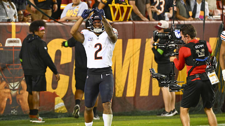DJ Moore celebrates after one of his three TD catches against the Commanders in last year's 40-20 Bears win. DJ Moore celebrates after one of his three TD catches against the Commanders in last year's 40-20 Bears win.