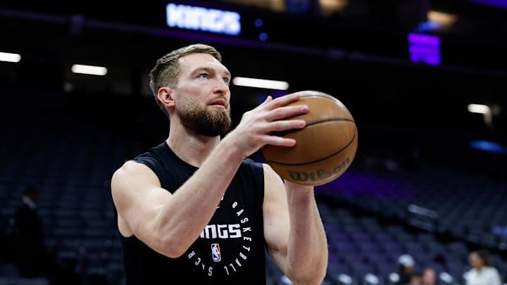Mar 17, 2025; Sacramento, California, USA; Sacramento Kings forward Domantas Sabonis (11) warms up before the game against the Memphis Grizzlies at Golden 1 Center. Mandatory Credit: Sergio Estrada-Imagn Images