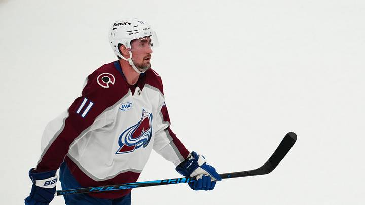May 26, 2026; Las Vegas, Nevada, USA; Colorado Avalanche center Brock Nelson (11) reacts to the loss against the Vegas Golden Knights in game four of the Western Conference Final of the 2026 Stanley Cup Playoffs at T-Mobile Arena. Mandatory Credit: Stephen R. Sylvanie-Imagn Images