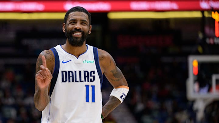 Jan 29, 2025; New Orleans, Louisiana, USA;  Dallas Mavericks guard Kyrie Irving (11) reacts to fan during the second half against the New Orleans Pelicans at Smoothie King Center. Mandatory Credit: Matthew Hinton-Imagn Images