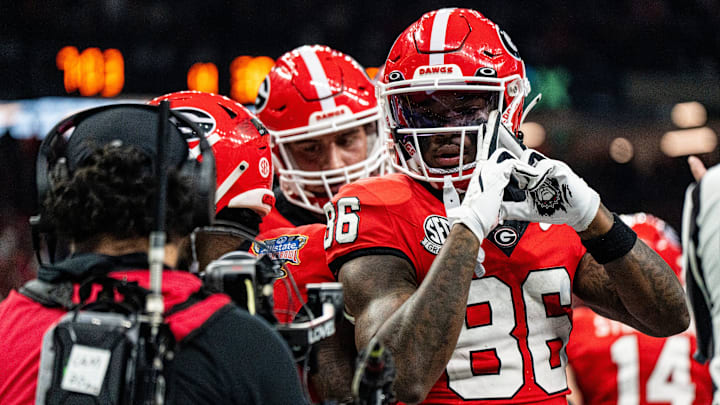 Georgia wide receiver Dillon Bell (86) celebrates after wide receiver Zachariah Branch (1) scored a touchdown during the Sugar Bowl and College Football Playoff quarterfinals at Caesars Superdome in New Orleans, La., on Thursday, Jan. 1, 2026. Ole Miss defeated Georgia 39-34.