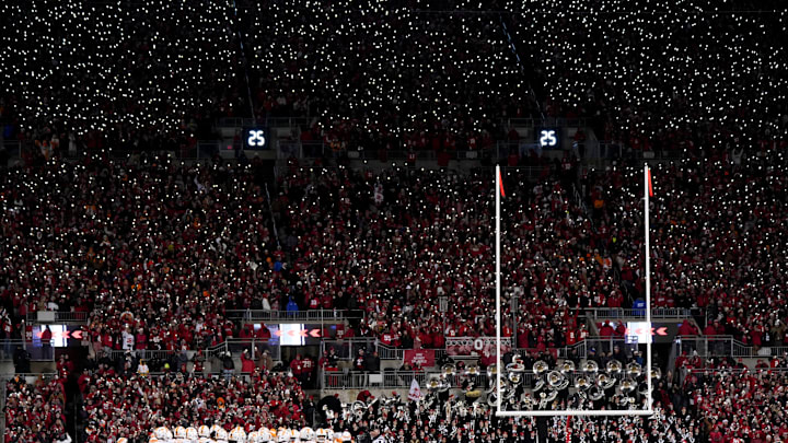 Tennessee in huddle at Ohio Stadium during the NCAA college football playoff game against Ohio State on Saturday, Dec. 21, 2024, in Columbus, Ohio.