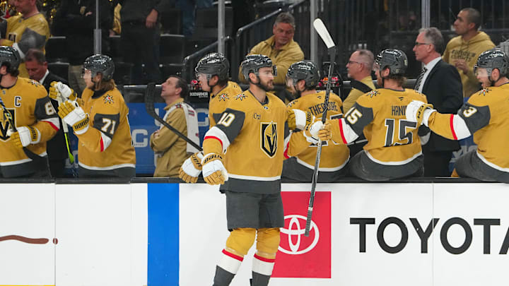 Apr 1, 2025; Las Vegas, Nevada, USA; Vegas Golden Knights center Nicolas Roy (10) celebrates after scoring a goal against the Edmonton Oilers during the first period at T-Mobile Arena. Mandatory Credit: Stephen R. Sylvanie-Imagn Images