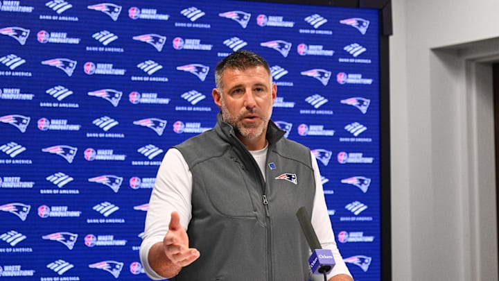 May 9, 2025; Foxborough, MA, USA;  New England Patriots head coach Mike Vrabel speaks the to media during a press conference at Gillette Stadium. Mandatory Credit: Eric Canha-Imagn Images