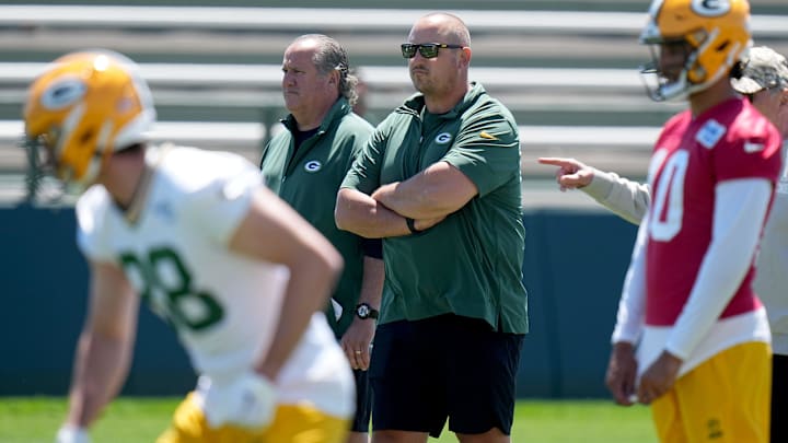 Green Bay Packers offensive coordinator Adam Stenavich is shown during organized team activities on May 29.