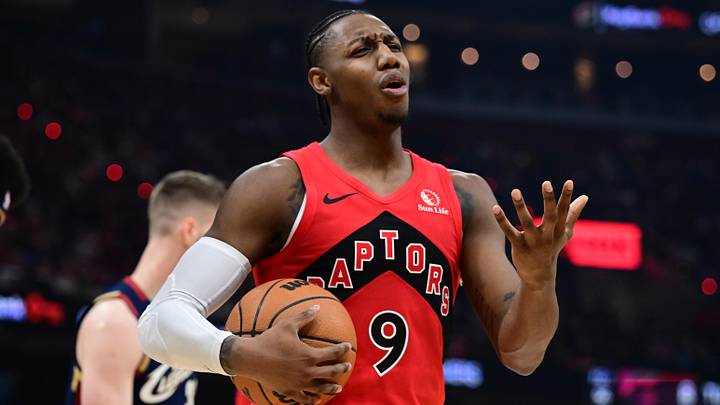 Apr 20, 2026; Cleveland, Ohio, USA; Toronto Raptors forward RJ Barrett (9) reacts after being called for a foul during the second half during game two of the first round of the 2026 NBA Playoffs against the Cleveland Cavaliers at Rocket Arena. Mandatory Credit: David Dermer-Imagn Images