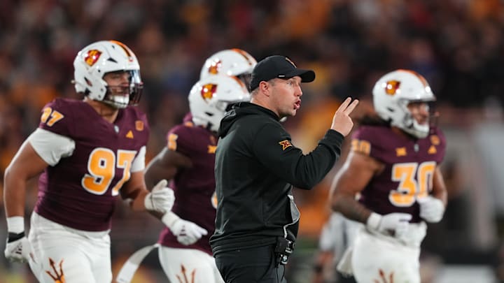 Nov 9, 2024; Tempe, Arizona, USA; Arizona State Sun Devils head coach Kenny Dillingham reacts against the UCF Knights during the second half at Mountain America Stadium, Home of the ASU Sun Devils. Mandatory Credit: Joe Camporeale-Imagn Images
