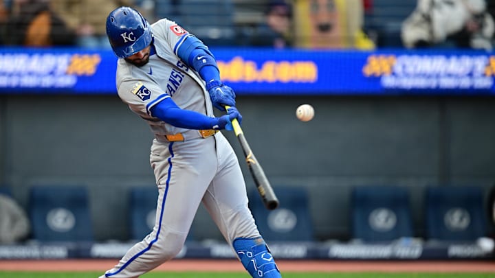 Apr 6, 2026; Cleveland, Ohio, USA; Kansas City Royals second baseman Jonathan India (6) hits an RBI single during the fourth inning against the Cleveland Guardians at Progressive Field. Mandatory Credit: David Dermer-Imagn Images