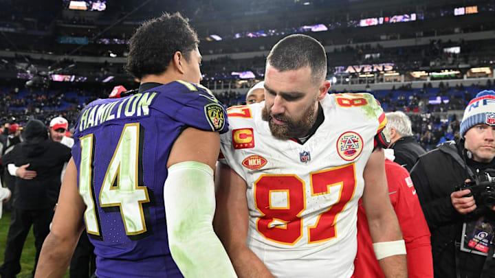 Jan 28, 2024; Baltimore, Maryland, USA; Kansas City Chiefs tight end Travis Kelce (87) greets