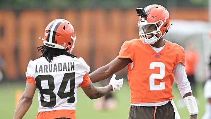 Jun 11, 2026; Berea, OH, USA; Cleveland Browns quarterback Shedeur Sanders (2) celebrates with wide receiver Gage Larvadain (84) during minicamp at CrossCountry Mortgage Campus. Mandatory Credit: Ken Blaze-Imagn Images
Jun 11, 2026; Berea, OH, USA; Cleveland Browns quarterback Shedeur Sanders (2) celebrates with wide receiver Gage Larvadain (84) during minicamp at CrossCountry Mortgage Campus. Mandatory Credit: Ken Blaze-Imagn Images