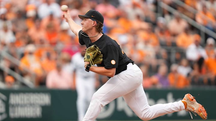 Tennessee pitcher Tanner Franklin (50) pitches during a NCAA baseball game between the Tennessee Volunteers and Vanderbilt Commodores at Lindsey Nelson Stadium on May 11, 2025.