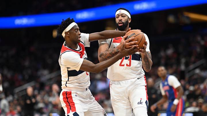 Oct 10, 2026; Washington, District of Columbia, USA; Washington Wizards forward AJ Dybantsa (4) and forward Anthony Davis (23) grab a rebound against the Detroit Pistons during the first quarter at Capital One Arena. Mandatory Credit: Rafael Suanes-Imagn Images Oct 10, 2026; Washington, District of Columbia, USA; Washington Wizards forward AJ Dybantsa (4) and forward Anthony Davis (23) grab a rebound against the Detroit Pistons during the first quarter at Capital One Arena. Mandatory Credit: Rafael Suanes-Imagn Images