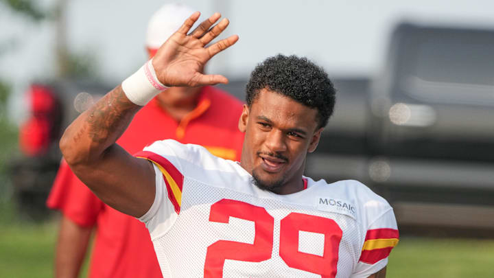 Jul 26, 2024; Kansas City, MO, USA; Kansas City Chiefs linebacker Curtis Jacobs (29) walks from the locker room to the fields prior to training camp at Missouri Western State University. Mandatory Credit: Denny Medley-USA TODAY Sports