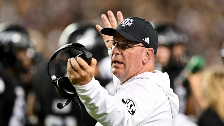 Oct 26, 2024; College Station, Texas, USA; Texas A&M Aggies head coach Mike Elko reacts to a call in the third quarter against the LSU Tigers at Kyle Field. Mandatory Credit: Maria Lysaker-Imagn Images.