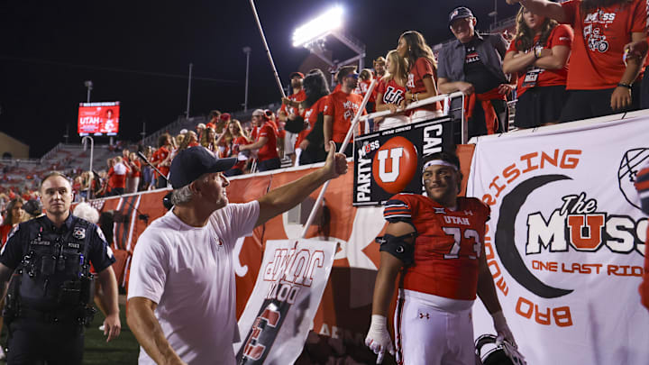 Utah Utes head coach Kyle Whittingham acknowledges the student section after the game against the Southern Utah Thunderbirds at Rice-Eccles Stadium. Utah Utes head coach Kyle Whittingham acknowledges the student section after the game against the Southern Utah Thunderbirds at Rice-Eccles Stadium.