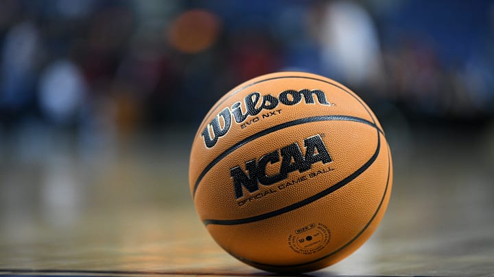 Mar 25, 2022; Greensboro, NC, USA;  A general shot of the game ball for the NCAA Women's tournament displaying the Final Four logo in the Greensboro regional semifinals of the women's college basketball NCAA Tournament at Greensboro Coliseum. Mandatory Credit: William Howard-Imagn Images