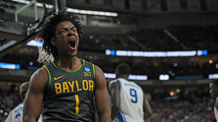 Mar 23, 2025; Raleigh, NC, USA; Baylor Bears guard Robert Wright III (1) reacts after a basket during the first half against the Duke Blue Devils in the second round of the NCAA Tournament at Lenovo Center. Mandatory Credit: Zachary Taft-Imagn Images