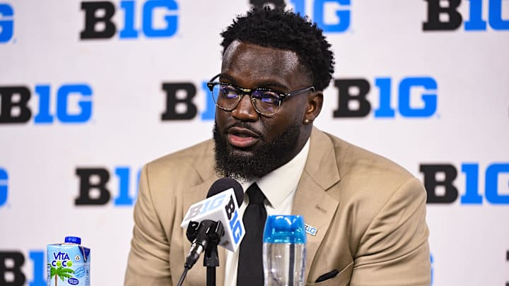 Jul 25, 2024; Indianapolis, IN, USA; Maryland Terrapins linebacker Ruben Hyppolite II speaks to the media during the Big 10 football media day at Lucas Oil Stadium. Mandatory Credit: Robert Goddin-Imagn Images