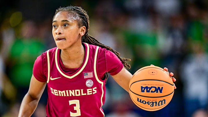 Feb 27, 2025; South Bend, Indiana, USA; Florida State Seminoles guard O'Mariah Gordon (3) dribbles in the first half against the Notre Dame Fighting Irish at the Purcell Pavilion. Mandatory Credit: Matt Cashore-Imagn Images