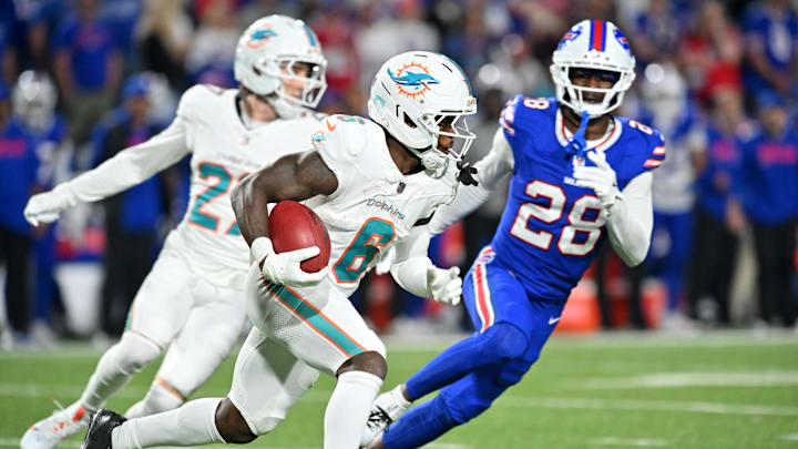 Miami Dolphins wide receiver Malik Washington (6) runs against Buffalo Bills defensive back Sam Franklin Jr. (28) in the second half at Highmark Stadium.