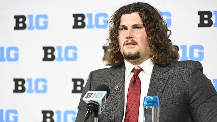 Jul 24, 2024; Indianapolis, IN, USA; USC Trojans offensive lineman Jonah Monheim speaks to the media during the Big 10 football media day at Lucas Oil Stadium. Mandatory Credit: Robert Goddin-Imagn Images