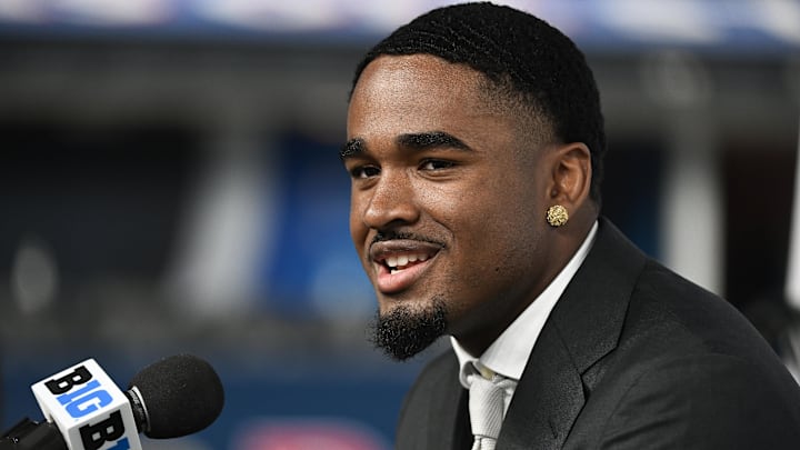 Jul 24, 2024; Indianapolis, IN, USA; USC Trojans safety Kamari Ramsey speaks to the media during the Big 10 football media day at Lucas Oil Stadium. Mandatory Credit: Robert Goddin-Imagn Images