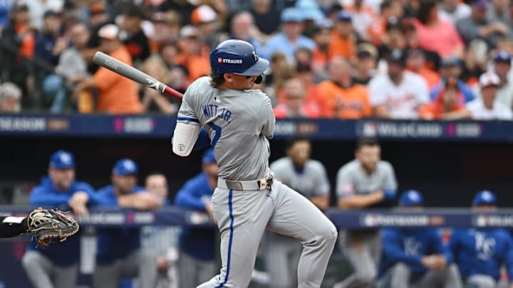 Kansas City Royals shortstop Bobby Witt Jr. (7) hits a single in the third inning against the Baltimore Orioles in game two of the Wild Card round for the 2024 MLB Playoffs at Oriole Park at Camden Yards on Oct 2.