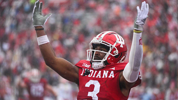 Indiana Hoosiers wide receiver Omar Cooper Jr. (3) celebrates after scoring a touchdown against Maryland at Memorial Stadium. 