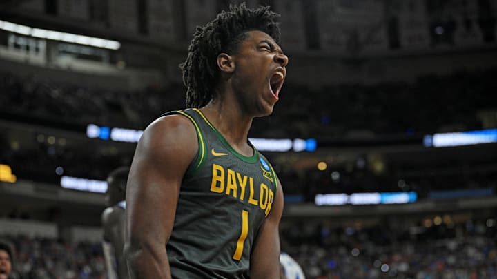 Mar 23, 2025; Raleigh, NC, USA; Baylor Bears guard Robert Wright III (1) reacts after a basket during the first half against the Duke Blue Devils in the second round of the NCAA Tournament at Lenovo Center. Mandatory Credit: Zachary Taft-Imagn Images