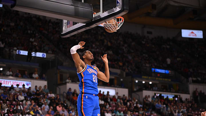 Oct 5, 2025; North Charleston, South Carolina, USA; Oklahoma City Thunder guard Aaron Wiggins (21) dunks against the Charlotte Hornets in the first quarter at North Charleston Coliseum. Mandatory Credit: Arthur Ellis-Imagn Images Oct 5, 2025; North Charleston, South Carolina, USA; Oklahoma City Thunder guard Aaron Wiggins (21) dunks against the Charlotte Hornets in the first quarter at North Charleston Coliseum. Mandatory Credit: Arthur Ellis-Imagn Images