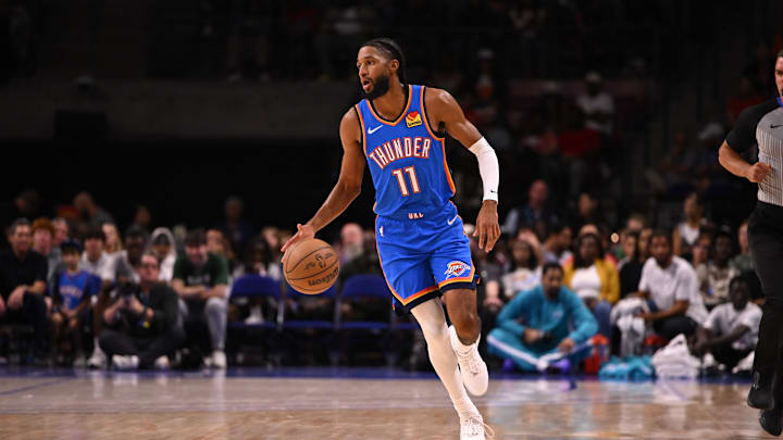 Oct 5, 2025; North Charleston, South Carolina, USA; Oklahoma City Thunder guard Isaiah Joe (11) drives up the court against the Charlotte Hornets in the first quarter at North Charleston Coliseum. Mandatory Credit: Arthur Ellis-Imagn Images