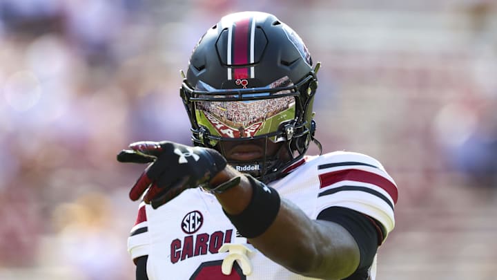 Oct 19, 2024; Norman, Oklahoma, USA;  South Carolina Gamecocks wide receiver Nyck Harbor (8) reacts before the game against the Oklahoma Sooners at Gaylord Family-Oklahoma Memorial Stadium. Mandatory Credit: Kevin Jairaj-Imagn Images