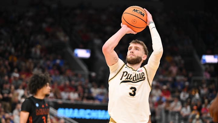 Purdue Boilermakers guard Braden Smith (3) shoots a free throw during the second half against the Miami Hurricanes during a second round game of the men's 2026 NCAA Tournament at Enterprise Center. Purdue Boilermakers guard Braden Smith (3) shoots a free throw during the second half against the Miami Hurricanes during a second round game of the men's 2026 NCAA Tournament at Enterprise Center.