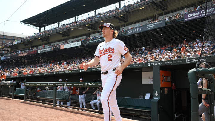 Jul 14, 2024; Baltimore, Maryland, USA;  Baltimore Orioles shortstop Gunnar Henderson (2) enters the field before the game against the New York Yankees at Oriole Park at Camden Yards. Mandatory Credit: James A. Pittman-USA TODAY Sports