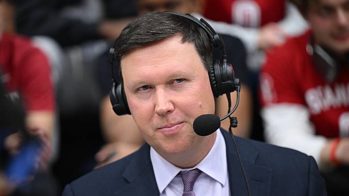 Stanford, California, USA; ESPN college basketball play-by-play commentator Dave Flemming during the first half of the game between the Stanford Cardinal and the USC Trojans at Maples Pavilion. Mandatory Credit: Robert Edwards-USA TODAY Sports