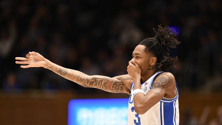 Feb 16, 2026; Durham, North Carolina, USA;  Duke Blue Devils guard Isaiah Evans (3) reacts after scoring against the Syracuse Orange during the during the second half at Cameron Indoor Stadium. Mandatory Credit: Zachary Taft-Imagn Images