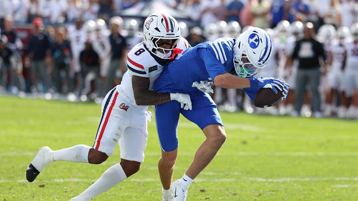 Sep 12, 2026; Provo, Utah, USA; BYU Cougars wide receiver Kyler Kasper (3) reaches to score a touchdown against Arizona Wildcats cornerback Jay'vion Cole (8) during the second half at LaVell Edwards Stadium. Mandatory Credit: Rob Gray-Imagn Images Sep 12, 2026; Provo, Utah, USA; BYU Cougars wide receiver Kyler Kasper (3) reaches to score a touchdown against Arizona Wildcats cornerback Jay'vion Cole (8) during the second half at LaVell Edwards Stadium. Mandatory Credit: Rob Gray-Imagn Images