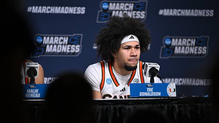 Mar 20, 2026; St. Louis, MO, USA; Miami (FL) Hurricanes guard Tre Donaldson (3) answers questions at a press conference after the game against Missouri Tigers during a first round game of the men's 2026 NCAA Tournament at Enterprise Center. Mar 20, 2026; St. Louis, MO, USA; Miami (FL) Hurricanes guard Tre Donaldson (3) answers questions at a press conference after the game against Missouri Tigers during a first round game of the men's 2026 NCAA Tournament at Enterprise Center.
