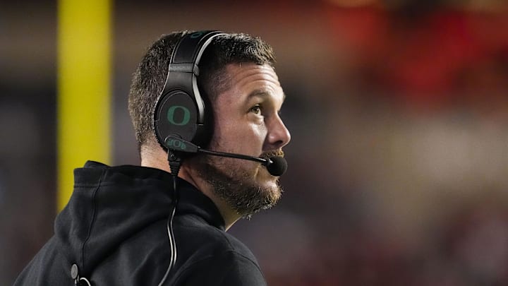 Nov 16, 2024; Madison, Wisconsin, USA;  Oregon Ducks head coach Dan Lanning during the game against the Wisconsin Badgers at Camp Randall Stadium. Mandatory Credit: Jeff Hanisch-Imagn Images