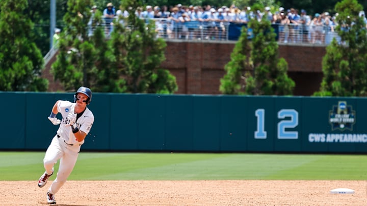 Jun 7, 2025; Chapel Hill, NC, USA; Arizona outfielder Easton Breyfogle (12) runs the bases during the third inning of the Super Regionals game against North Carolina in Chapel Hill, North Carolina. Mandatory Credit: Jaylynn Nash-Imagn Images