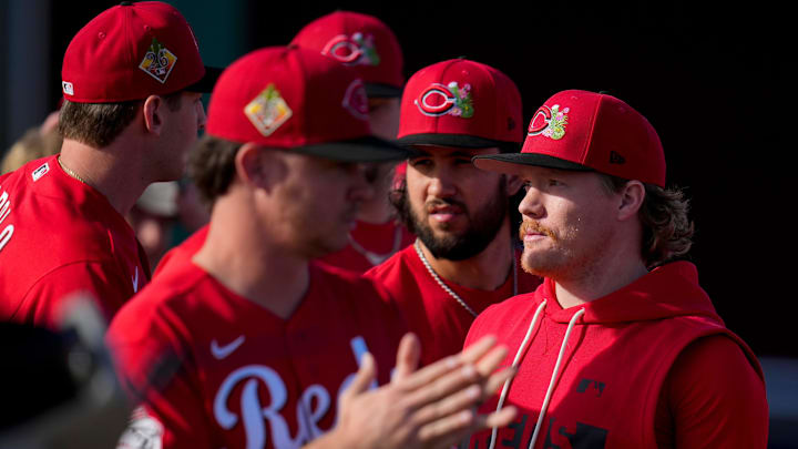Cincinnati Reds pitcher Andrew Abbott (41) joins a pitchers and catchers warmup session at the Cincinnati Reds player development complex in Goodyear, Ariz., on Thursday, Feb. 12, 2026.