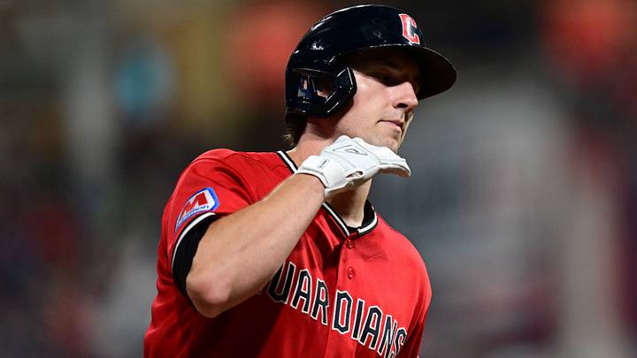 Aug 1, 2026: Cleveland Guardians designated hitter Chase DeLauter (24) runs the bases after hitting a home run during the eighth inning against the Arizona Diamondbacks at Progressive Field. Credit: David Dermer-Imagn Images