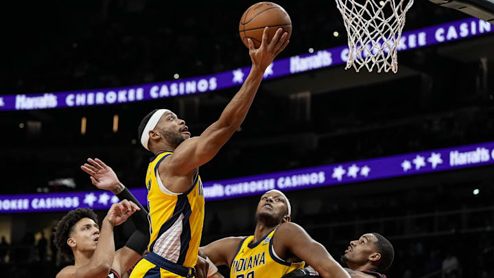 Jan 12, 2024; Atlanta, Georgia, USA; Indiana Pacers forward Bruce Brown (11) makes a basket against the Atlanta Hawks during the first half at State Farm Arena. Mandatory Credit: Dale Zanine-USA TODAY Sports