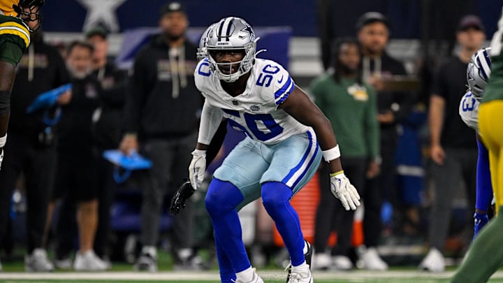 Sep 28, 2025; Arlington, Texas, USA; Dallas Cowboys linebacker Shemar James (50) lines up during the game between the Dallas Cowboys and the Green Bay Packers at AT&T Stadium. Mandatory Credit: Jerome Miron-Imagn Images