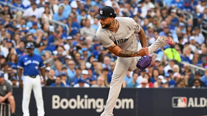 Oct 4, 2025; Toronto, Ontario, CAN; New York Yankees pitcher Luis Gil (81) throws in the first inning against the Toronto Blue Jays during game one of the ALDS round for the 2025 MLB playoffs at Rogers Centre. Mandatory Credit: Dan Hamilton-Imagn Images Oct 4, 2025; Toronto, Ontario, CAN; New York Yankees pitcher Luis Gil (81) throws in the first inning against the Toronto Blue Jays during game one of the ALDS round for the 2025 MLB playoffs at Rogers Centre. Mandatory Credit: Dan Hamilton-Imagn Images