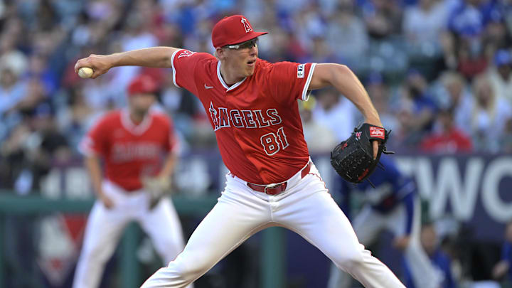 Mar 24, 2025; Anaheim, California, USA; Los Angeles Angels starting pitcher Ryan Johnson (81) delivers to the plate in the second inning against the Los Angeles Dodgers at Angel Stadium. Mandatory Credit: Jayne Kamin-Oncea-Imagn Images Mar 24, 2025; Anaheim, California, USA; Los Angeles Angels starting pitcher Ryan Johnson (81) delivers to the plate in the second inning against the Los Angeles Dodgers at Angel Stadium. Mandatory Credit: Jayne Kamin-Oncea-Imagn Images