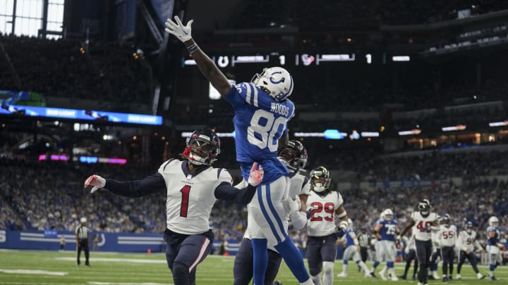 Jan 8, 2023; Indianapolis, Indiana, USA; A pass intended for Indianapolis Colts tight end Jelani Woods (80) goes incomplete Sunday, Jan. 8, 2023, during a game against the Houston Texans at Lucas Oil Stadium. Mandatory Credit: Jenna Watson-USA TODAY Sports