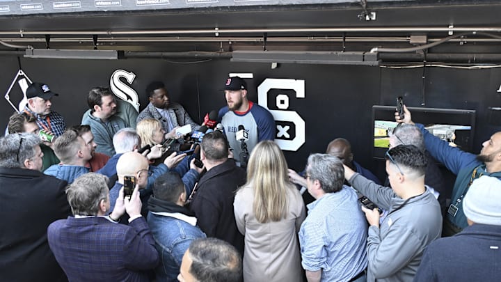 Boston Red Sox pitcher Garrett Crochet (35) talks with the media before the teamís game against the Chicago White Sox at Rate Field on April 11.